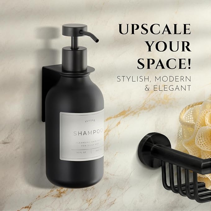 Shower Shampoo Dispenser Wall Mounted – Refillable 16.9 oz Black Bottle with Stainless Steel Pump & No-Drill Adhesive Holder – Soap Dispenser for Bathroom (1 X Black)