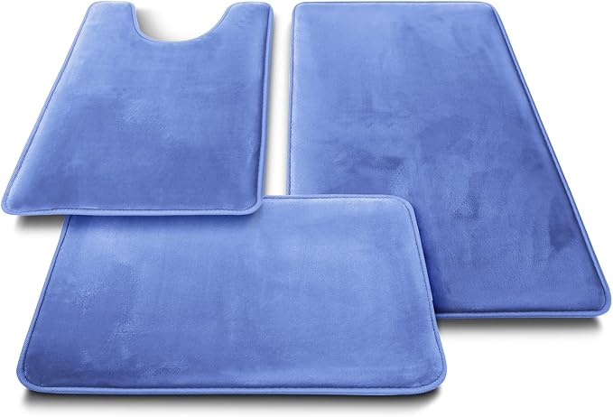 Clara Clark 3 Piece Bathroom Rugs Bath Mat Set, Velvet Memory Foam Bath Mats for Bathroom - Non-Slip, PVC Backing Bath Rugs, Washable - Dries Quickly, Blue