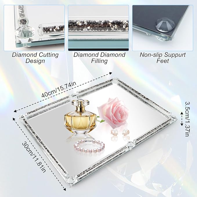 Large Mirror Perfume Tray for Dresser,Crushed Diamond Filled Glass Vanity Tray,Black Decorative Bathroom Tray,Crystal Tray for Home Decorative,Party,Hotel Banquet,15.7x11.8x1.4inch,Black
