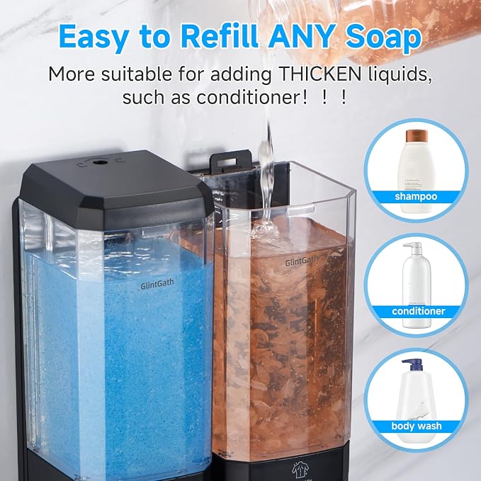 Shampoo and Conditioner Dispenser,GlintGath Shower Dispenser 2 Chamber No Drill Shampoo Dispenser for Shower Wall Mounted Shower Soap Dispenser for Bathroom Hotel,Large Capacity 2 * 500ML,Black