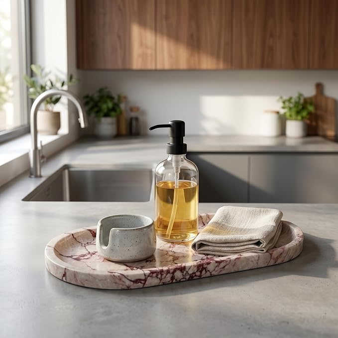 YKAJO Calacatta Viola Pink Oval Marble Tray, 11.8x5.9 Perfume Organizer | Honed natural stone; jewelry & trinket dish, ring & key holder, soap & candle catchall; bath counter, dresser, coffee table