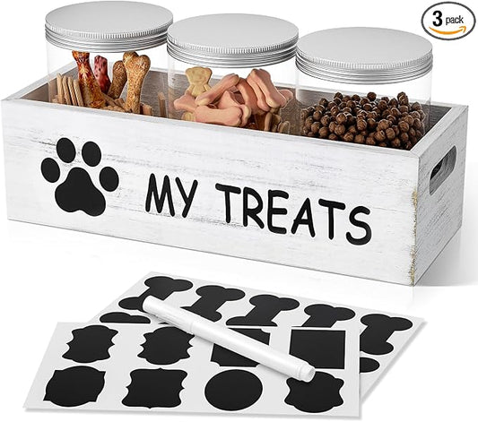 qeerable Dog Treat Container for Countertop - Dog Food Storage with 3 Jars - Pet Food Organizer For Puppy - Airtight White Wooden Dog Treat Storage With Lids - Great Gift for Pet Dog Owners