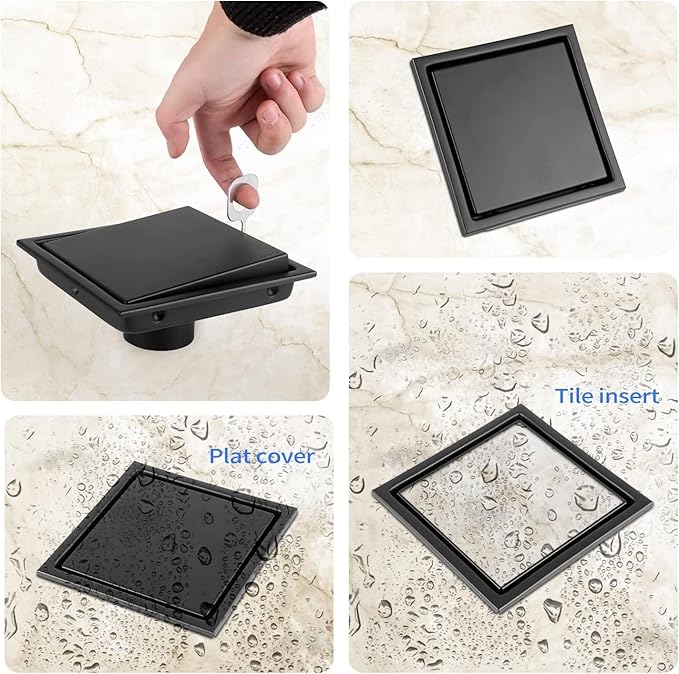 ELLO&ALLO 6 Inch Square Shower Drain Black Floor Drain with Flange Reversible 2-in-1 Cover Tile Insert Grate Removable SUS304 Stainless Steel Matte Black