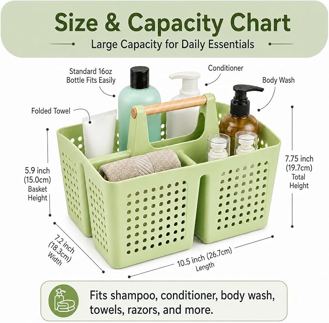Portable Shower Caddy Basket with Wood Handle, 3-Compartment Bathroom Organizer Tote with Drain Holes, Plastic Shower Basket for Dorm, Toiletries, Cleaning Supplies,Grass Green