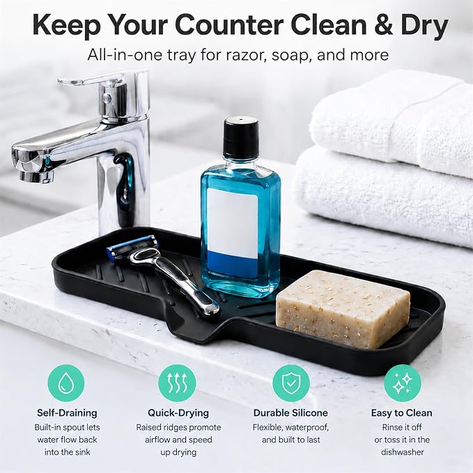 MicoYang Silicone Soap Dish with Drain Spout — Self-Draining Double Sink Organizer Tray for Kitchen & Bathroom, Dispensers, Sponges & Soap Holder, Non-Slip & Dishwasher Safe, Black (Large, 12"×4")