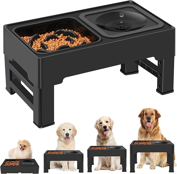 2-in-1 Elevated Dog Bowls, No Spill Water Bowl, Slow Feeder Food Bowl | 4 Adjustable Heights, Food and Water Bowl Set, Non-Skid, Raised Pet Bowl Stand for Medium Large Dogs, Slow Eating, Easy Setup