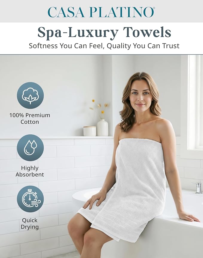 Casa Platino Bath Towel Set 100% Cotton 24 Piece Soft Absorbent - White | Shower Towels - Generously Sized, Oversized & Roomy, Lightweight & Breathable, Fade-Resistant Color, Classic Terry Weave