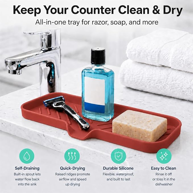 MicoYang Silicone Soap Dish with Drain Spout — Self-Draining Double Sink Organizer Tray for Kitchen & Bathroom, Dispensers, Sponges & Soap Holder, Non-Slip & Dishwasher Safe, Red (Large, 12"×4")