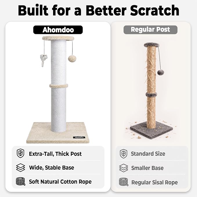 34-Inch Tall Cat Scratching Post for Large Cats, Stable Base, Beige | Heavy-Duty Cat Scratcher, Extra-Tall Thick Post, Soft Natural Cotton Rope, Hanging Interactive Cat Toys, Indoor Cat Furniture