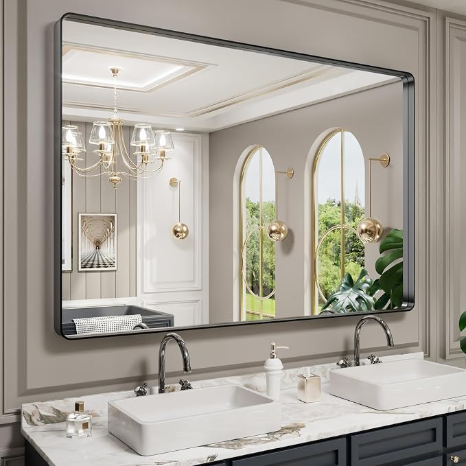 LOAAO 60X40 Inch Black Metal Framed Bathroom Mirror | Matte Black Bathroom Vanity Mirror, Rounded Rectangle, Anti-Rust, Tempered Glass, Hangs Horizontally or Vertically