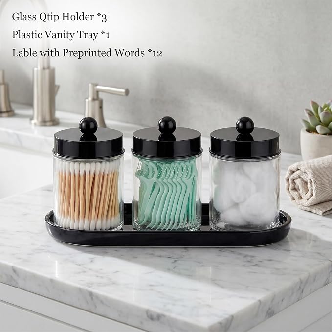 SheeChung 3 Pack Glass Apothecary Jars with Acrylic Vanity Tray | Cotton Round Holder, Countertop Guest Canister Bathroom Organizers and Storage for Cotton Swabs/Balls, Floss Picks