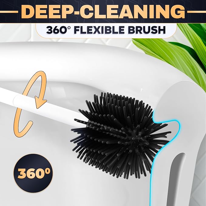 Toilet Brush and Holder Set - Silicone Toilet Bowl Brush with White Holder Base, Compact Bath Accessory for Small Spaces - Easy to Place and Simple to Store After Use, Plastic Bathroom Cleaning Tool