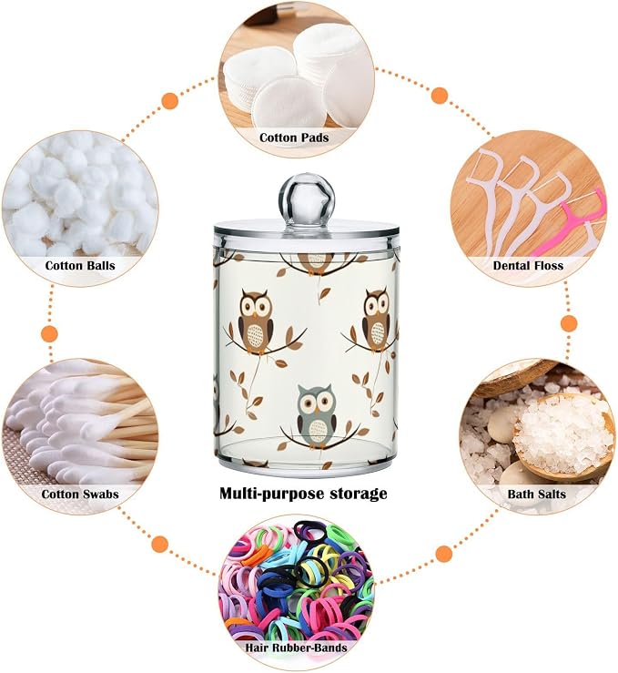 4 Pack Qtip Holder Dispenser Owl Forest Little Animal Cotton Ball Cotton Swab Round Pads Floss Clear Bathroom Storage Containers Plastic Apothecary Jars with Lids