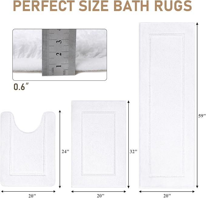 Pauwer Bathroom Rug Sets 3 Piece, Non Slip Washable Bath Mat, White | Soft Plush Microfiber, Super Absorbent Floor Carpet, U Shaped Toilet Mats, Quick Dry, Shaggy Shower Rugs Runners