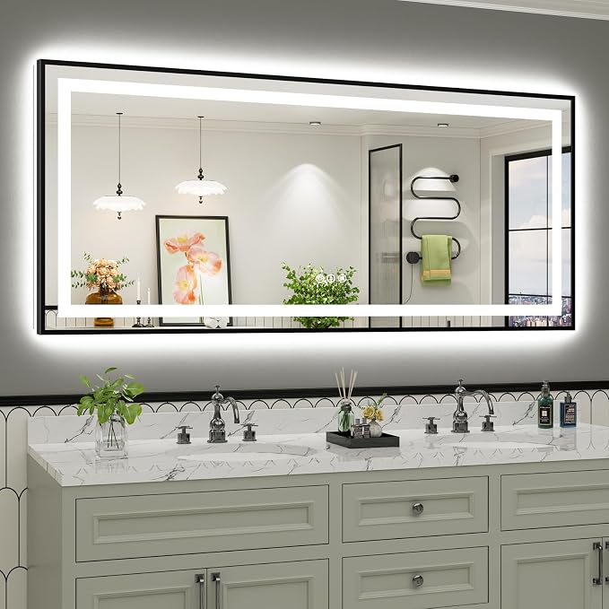 72x32 Inch LED Bathroom Mirror with Black Frame, Backlit & Front Lit | Anti-fog, 3 Color Dimmable, Memory Function, HD Reflection Tempered Glass, ETL Listed, IP54 Waterproof