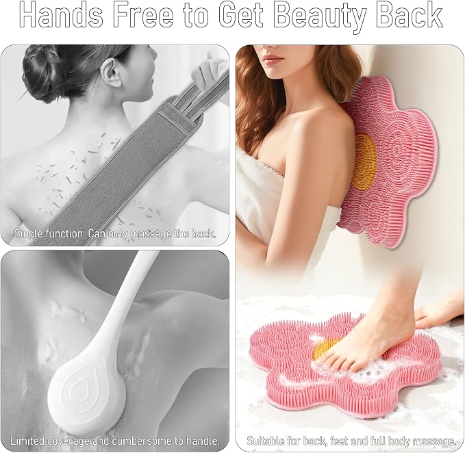 Shower Foot Scrubber Mat Silicone Back Scrubber Exfoliating Wall-Mounted, Feet Cleaner Message with Suction Cups Extra Long Bristles Washer Pad without Bending for Use in Shower Floor Women Pink