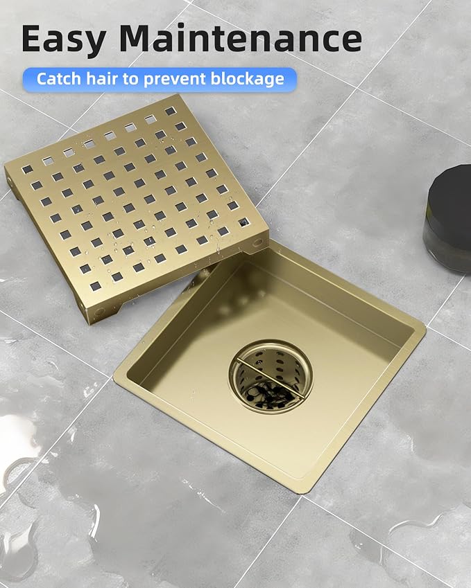 6 Inch Titanium Gold Shower Drain, Modern 304 Stainless Steel Square Shower Drain for Bathroom, Brushed Gold Shower Floor Drain with Grate Removable, Hair Strainer