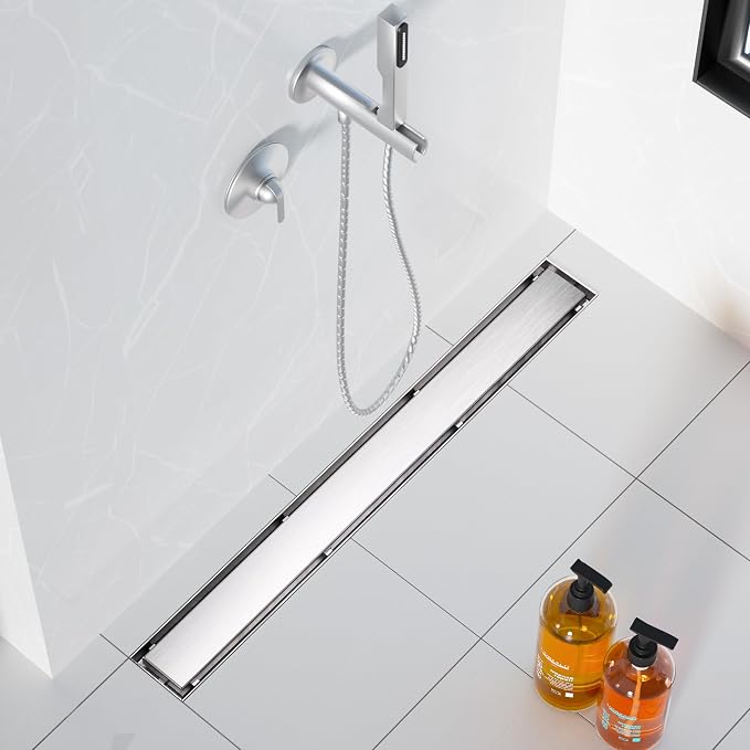 Neodrain Brushed 48-Inch Linear Shower Drain,with 2-in-1 Flat & Tile Insert Brushed Cover, Rectangle Shower Floor Drain, Floor Shower Drain with Adjustable Leveling Feet, Hair Strainer