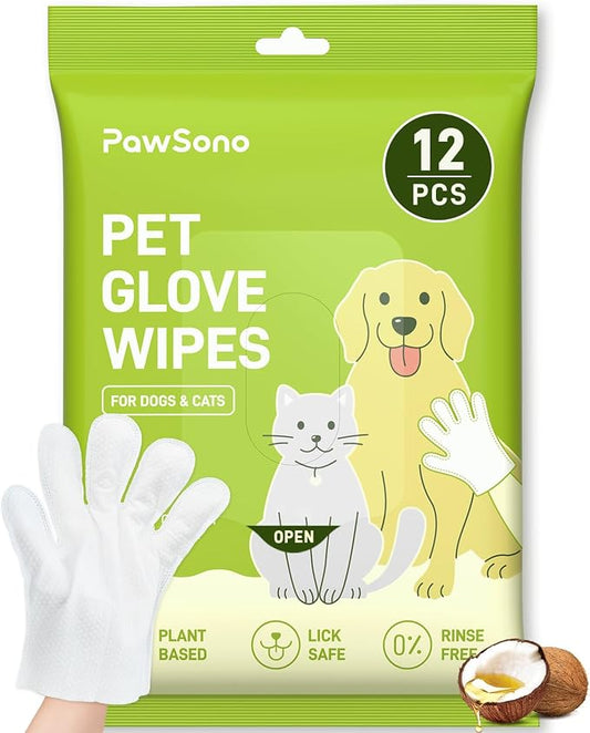 12PCS Hypoallergenic Pet Glove Wipes for Dogs, Cats & Small Animals | No-Rinse Deodorizing Dog Wipes for Paws, Butt, Eyes & Ears | Pet Wipes for Stain & Odor Cleanup Between Baths & Travel