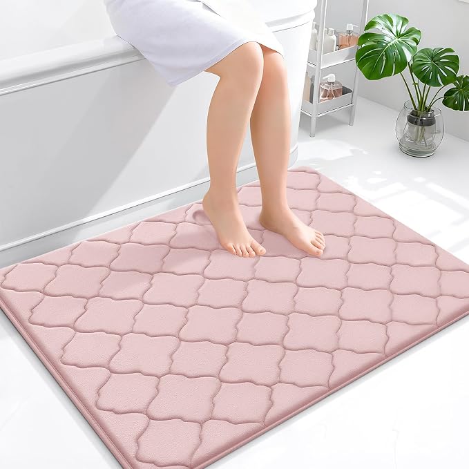 OLANLY Memory Foam Bath Mat Rug 40x32, Ultra Soft Bathroom Rugs, Pink | Thick Absorbent Carpet, Non-Slip Backing, Machine Washable, for Bathroom Floor, Tub, Shower and Home Decor Accessories