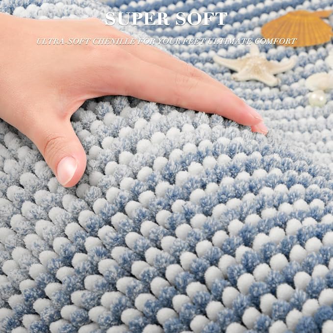 Bathroom Rugs Sets 2 Piece, Non Slip Striped Bath Mats, Fog Blue | 20"x32" Plus 16"x24", Soft Absorbent Chenille, Quick Dry Machine Washable, Shower Rug for Bathroom Floor, Tub, Bedroom Decor