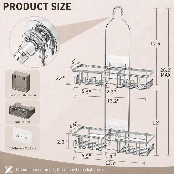 Adjustable Shower Caddy Hanging for Handheld Showerheads, Rustproof, Silver | Anti-Swing, Split Design, Shower Organizer with Hooks, Soap Holder and Toothbrush Holder, No-Drill Bathroom Storage