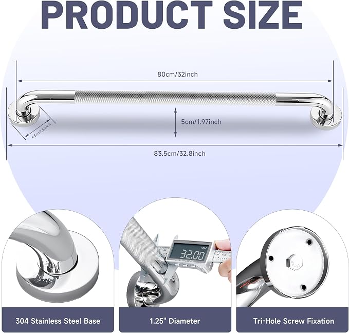 32 Inch Shower Grab Bar,XIANTHUS Chrome Anti Slip Safety Bars, 304 Stainless Steel Bathroom Handrail, Handicap Grab Bars for Wall, Shower Grip Handle for Seniors Elderly Injury Assist Bath (1.25" Dia)