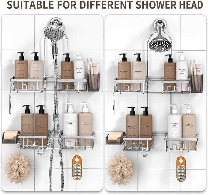 Adjustable Shower Caddy Hanging for Handheld Showerheads, Rustproof, Silver | Anti-Swing, Split Design, Shower Organizer with Hooks, Soap Holder and Toothbrush Holder, No-Drill Bathroom Storage