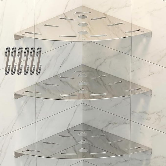 3 Pack Corner Shower Shelves, 304 Stainless Steel Corner Shelf Bathroom with 6 Hooks 40 lbs Heavy Duty, Durable for Inside Shower Brushed Nickel Drilling Installation（Silver
