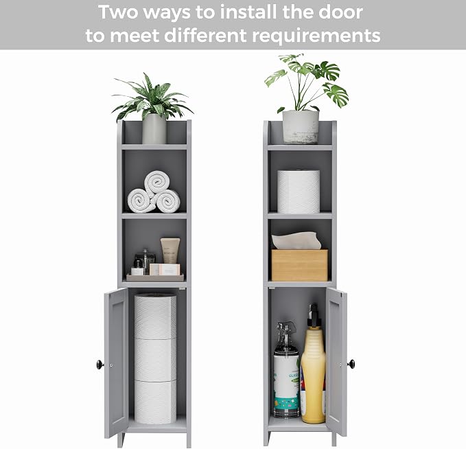 Homhedy Small Bathroom Storage Corner Floor Cabinet with Door and Shelves, Beside The Toilet Paper Stand for Skinny, Narrow Toilet Paper Cabinet, 7.9" D x 7.1" W x 31" H, Gray