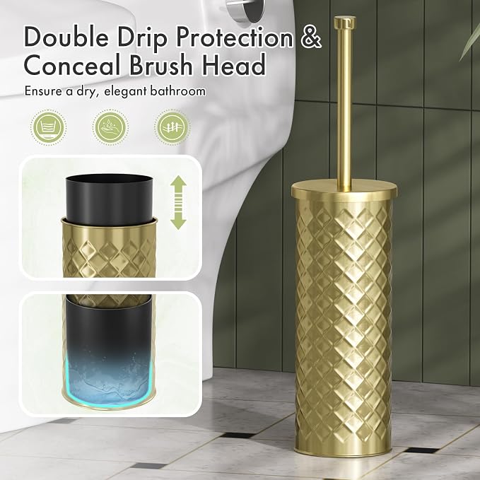Toilet Bowl Brush and Holder Set 2 Pack with 4 Extra Brush Heads (Gold) | Extra Long Handle with Splash Guard Cover, Tool-Free Installation, Bathroom Space-Saving, Cleaner Sets for Apartments, RV