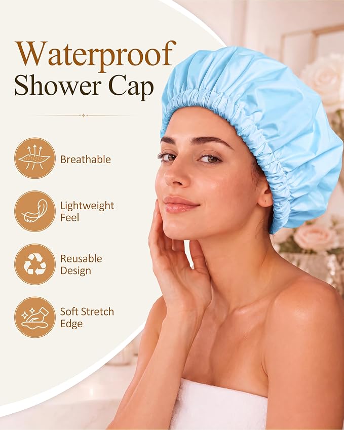 Edoneery Shower Caps for Women Reusable Waterproof, Shower Hair Cap | Washable Bonnet, Wide Elastic Band, Large Fit, Holds Long Hair, Braids Friendly, Bath Accessories, Spa, Travel