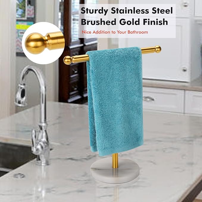 Kalitro Gold Towel Rack with Heavy Marble Base, Free Standing Hand Towel Holder Stand for Bathroom Stainless Steel T-Shape Brushed Gold