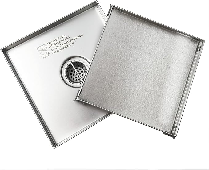 Neodrain 8-Inch Square Shower Drain with Removable Tile Insert Grate, Brushed 304 Stainless Steel, CUPC Certified, Includes Hair Strainer