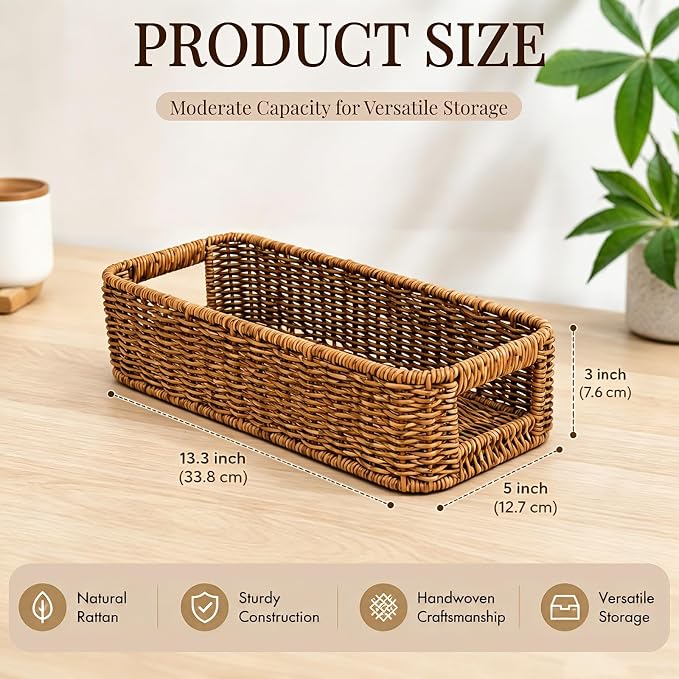 ZAVOOS Toilet Tank Basket, 2 Pack, Handwoven Built-in Handle | Rectangular Wicker Shelf Baskets for Organizing, Countertop Storage Bin for Bathroom Tank Top, Bedroom Closet