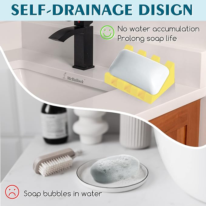 Self Draining Silicone Soap Dish Holder Waterfall Tray, 2 Pack Yellow