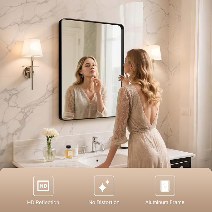 32"x24" Bathroom Vanity Mirror for Wall Aluminum Framed Farmhouse Rectangle | Anti-Rust, HD Reflection Anti-Desilvering, Distortion Free, Tempered and Shatter-Proof Wall Mounted Mirror, Black