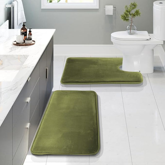 Clara Clark 2 Piece Bathroom Rugs, Velvet Memory Foam Bath Mat Set, Non-Slip Bath Rugs, Machine Wash, Dries Quickly, Ultra Soft Plush Bath Mats for Bathroom, 17 x 24 + Contour, Sage Green