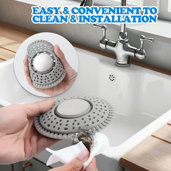 Shower Drain Hair Catcher Silicone Flat Floor Strainer Protector | 2 Pack Gray Weighted Flat Shower Drain Protectors, Traps Hair Before Clogs, Easy to Clean in Seconds, Fits Flat Floor Drains