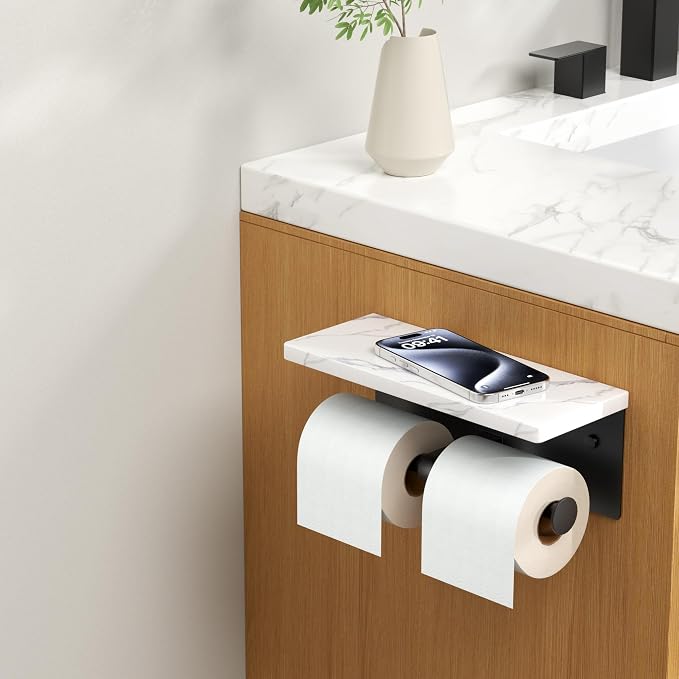 FORIOUS Toilet Paper Holder with Shelf, Marble Wall Mount Tissue Roll Holder for Bathroom, Washroom, 304 Stainless Steel Double Commercial Toilet Tissue Dispensers with Phone Shelf, Matte Black
