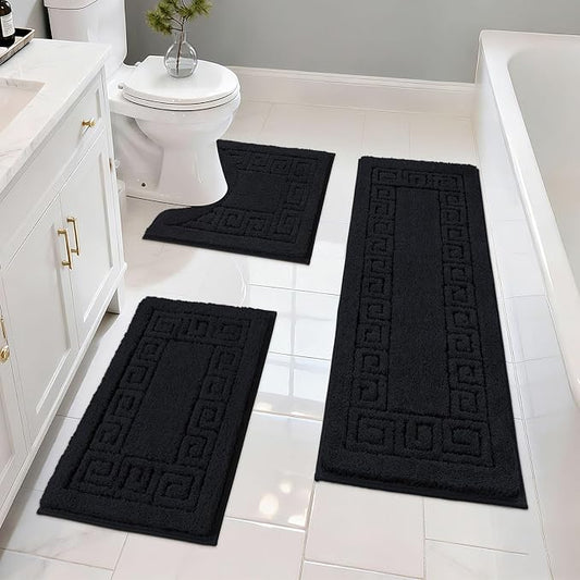 Pauwer Bathroom Rugs Sets 3 Piece, Plush Absorbent Bath Rug, Black | Microfiber Bath Mat Set, Non Slip Washable, Quick Dry Floor Carprt, Soft U Shaped Toilet Mats For Bathroom Shower Sink
