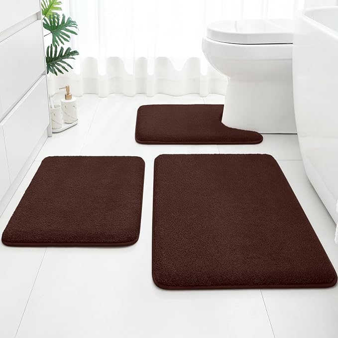 HOMEIDEAS 3 Piece Bathroom Rugs Set, Brown 17"x24"+20"x32"+20"x24" | Memory Foam, Ultra Soft, Super Absorbent Bath Mats, Non Slip Backing, U Shaped Toilet Rug for Bathroom, Tub and Shower
