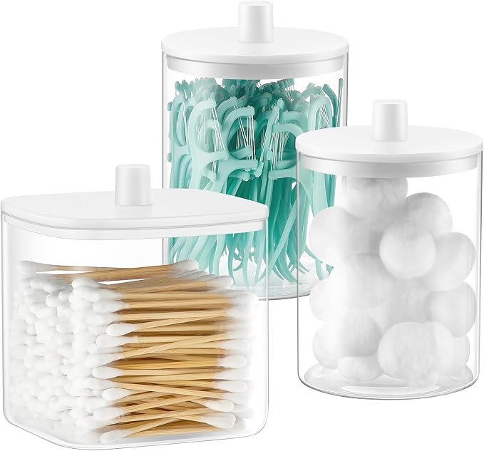 3 Pack Glass Qtip Holder Dispenser- 10 oz Clear Canister Apothecary Jar, Bathroom Vanity Storage Organizer Set for Cotton Swabs, Pads, Floss Picks, Small Containers for Makeup Storage (White)