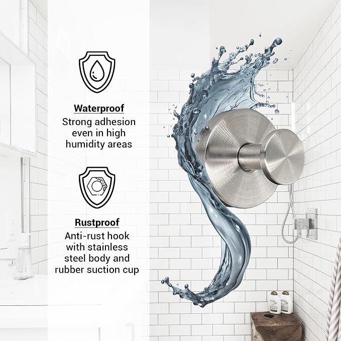 Suction Cup Hooks for Shower - 4 Pack, Matte Chrome - Stainless Steel, Strong Suction, No Drill, Removable Hanger, Tile Bathroom Kitchen Wall, Glass Door, Mirror Hook Hanging Robe, Towel Holder