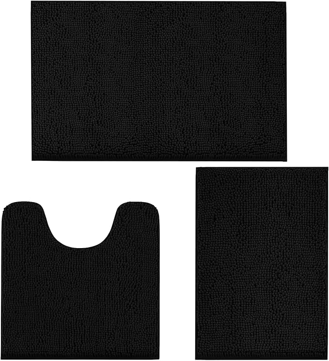 TREETONE Bathroom Rugs Sets, Thick Soft Absorbent 3 Piece Chenille Bath Rugs, Non-Slip, Dry Quickly, Machine Washable, Shaggy Mats with U-Shaped Toilet Rug for Bathroom Floor, Tub and Shower, Black