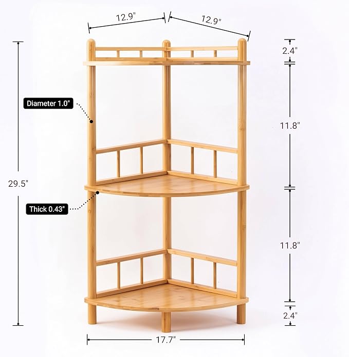3-Tier Expandable Bamboo Corner Shelf Stand,Corner Bookshelf, Display Storage Shelves with Open Shelves, for Organization and Storage, Living Room, Home Office, Garage (Natural, 3-Tier WithRail)