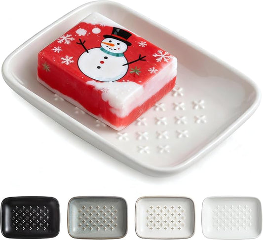 Gomakren Ceramic Soap Dish, 5.5in Shower Soap Holder Bathroom Sink, White | Prevents soggy soap, non-slip bottom, easy to clean, stackable counter decor, multi-use for kitchen sink, sponge & jewelry