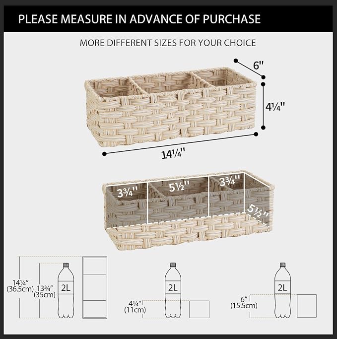 GRANNY SAYS Bathroom Baskets for Organizing, Wicker Basket for Storage, Wicker Baskets for Shelves, Waterproof Back of Toilet Storage Basket, 3 Section Bathroom Organizer Basket, 2-Pack
