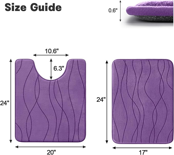 Bathroom Rugs Set 2 Piece, Memory Foam Bath Mat Purple | U Shaped+Small Mat, Ultra Soft, Absorbent, Non-Slip, Machine Washable, for Bathroom, Sink and Toilet