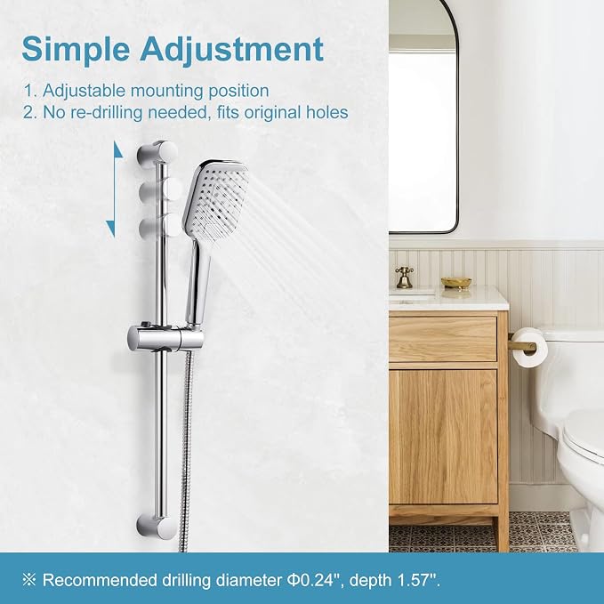 OFFO Shower Slide Bar Combo, Adjustable 21 in Slide Bar with 3-Mode Square Handheld Shower Head and 60 in Stainless Steel Hose, Screw Wall Mounted, Chrome Finish